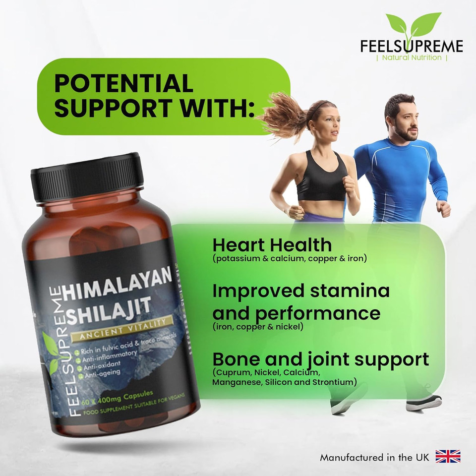 Feel Supreme - Himalayan Shilajit Capsules - 100% Pure and Natural, Tasteless - Rich in Trace Minerals, Iron, Fulvic and Humic Acid - Shilajit Supplement - 60 x 400mg
