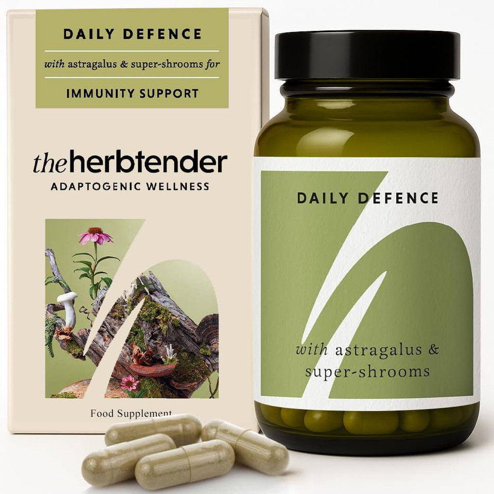 The Herbtender Daily Defence  Immune Support Supplement with Organic Reishi, Chaga, Cordyceps, Echinacea & Acerola Cherry Vitamin C, Vegan Adaptogen Blend for Respiratory Health, 60 Capsules