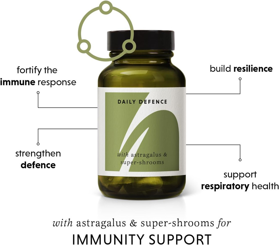 The Herbtender Daily Defence  Immune Support Supplement with Organic Reishi, Chaga, Cordyceps, Echinacea & Acerola Cherry Vitamin C, Vegan Adaptogen Blend for Respiratory Health, 60 Capsules