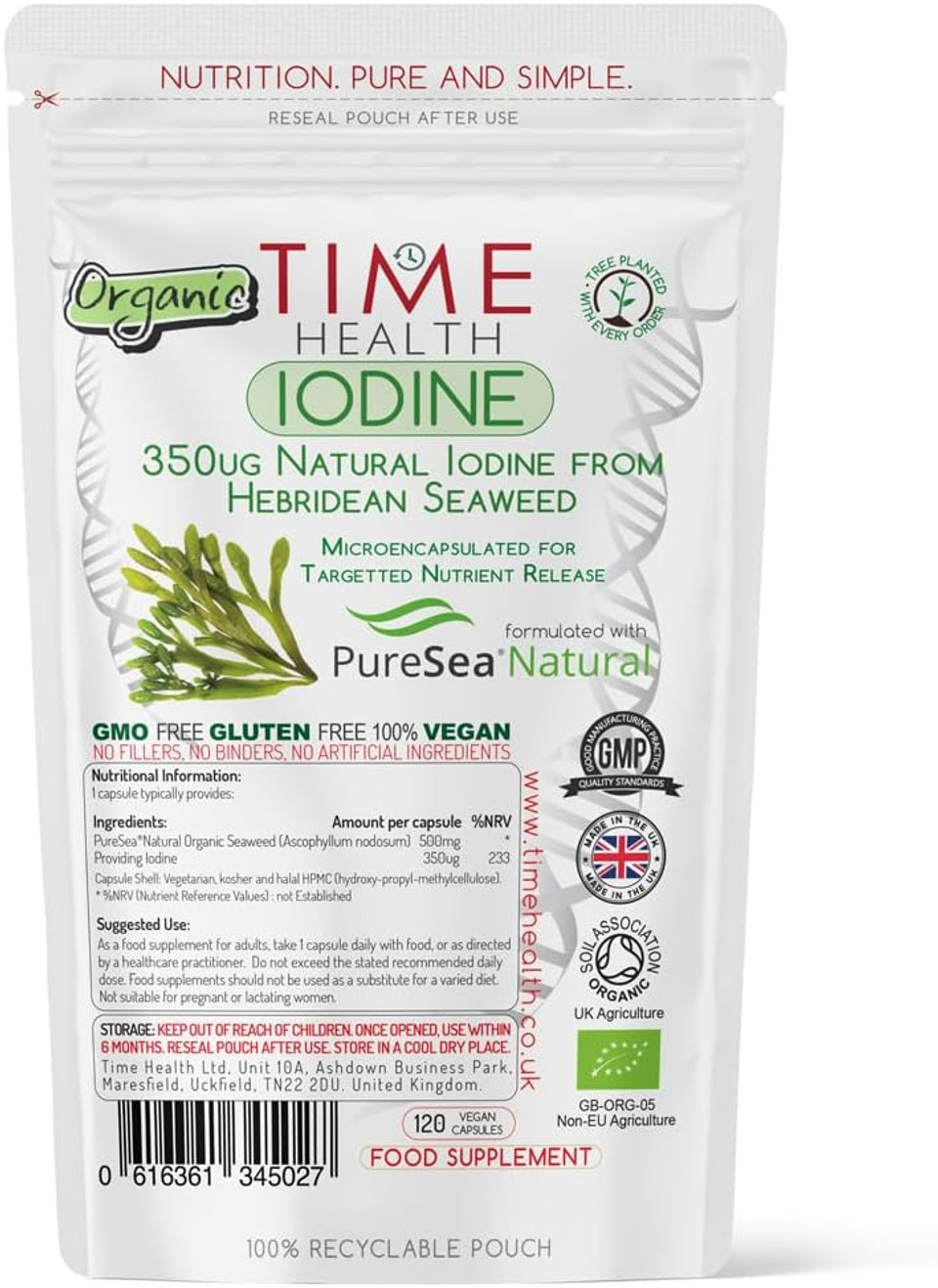Iodine - Organic Scottish Sea Kelp - PureSea® Natural - UK Made - Zero Additives - Vegan (120 Capsule Pouch)