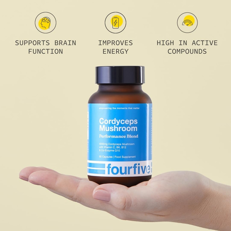 fourfive Cordyceps Mushroom Supplement (4000mg) Performance Blend with CoQ10 and Vitamins C, B6 and B12, Support Physical Performance, Energy & Recovery - 60 Capsules