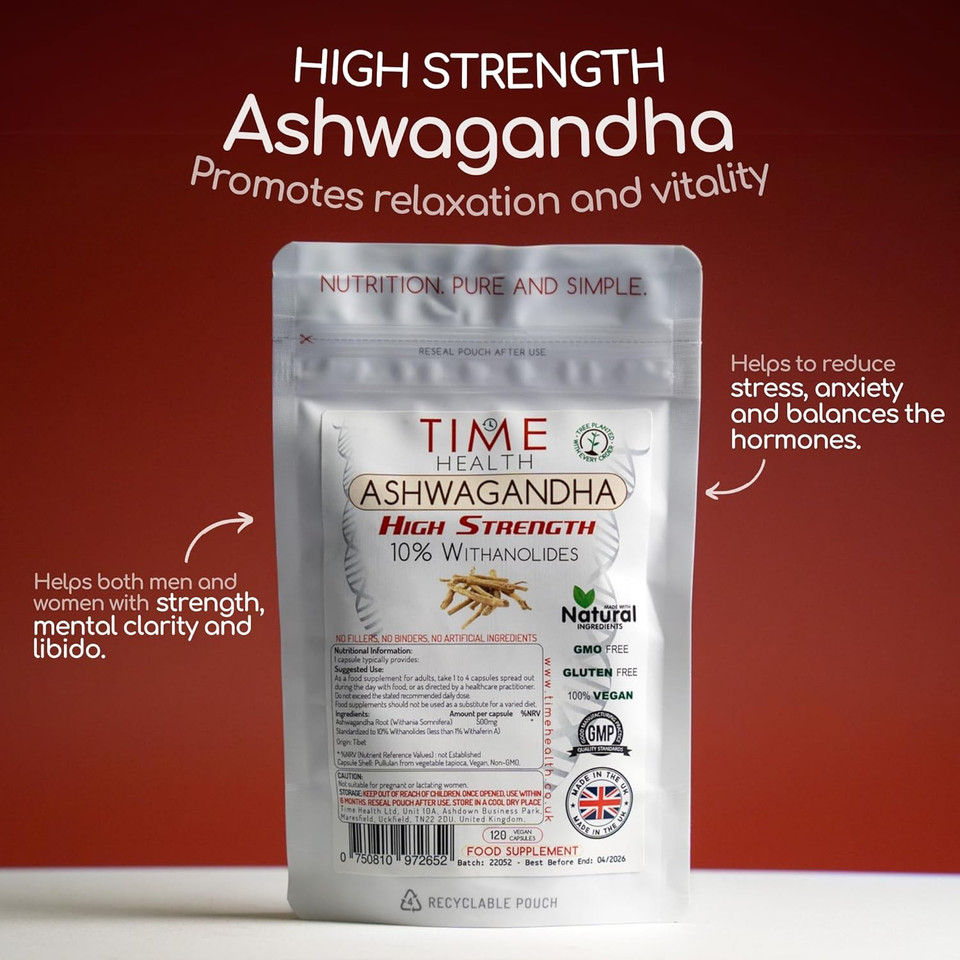 Ashwagandha - 10% Withanolides - HIGH Strength - Maximum Benefits - UK Manufactured - Zero Additives - Pullulan (120 Capsules)