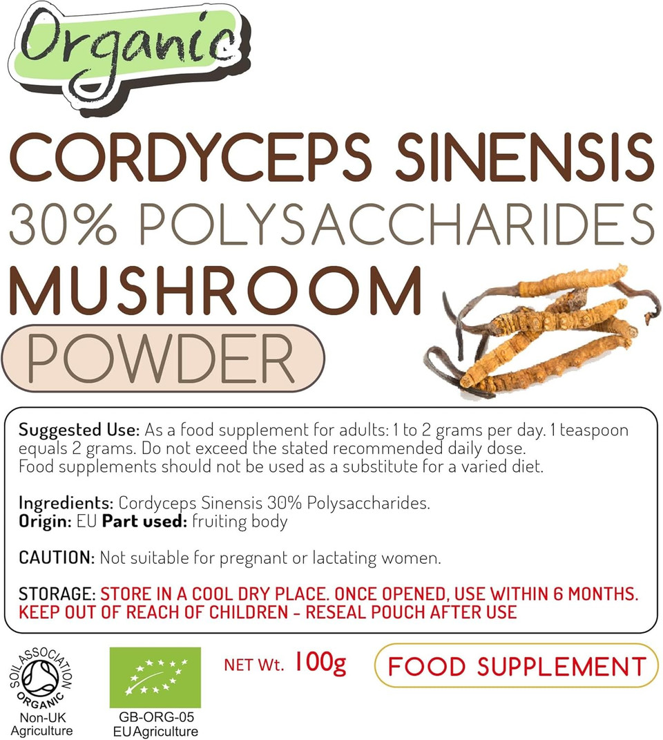 Organic Cordyceps Sinensis Mushroom Extract - 100g Powder - EU Grown - 30% Polysaccharides - Dual Extracted - Zero Additives (100g Powder Pouch)