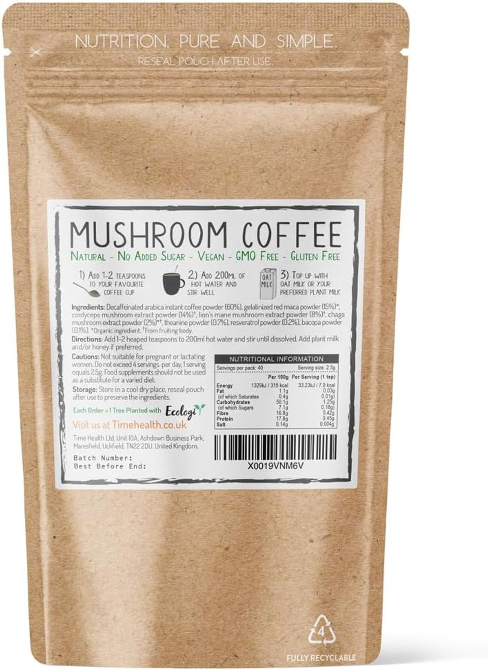 Decaf Mushroom Coffee Blend (Instant) - Arabica Coffee, Lion's Mane, Cordyceps, Chaga, Red Maca, Theanine, Bacopa & Resveratrol - Natural Energy & Focus - UK Made - 5% Micro Ground