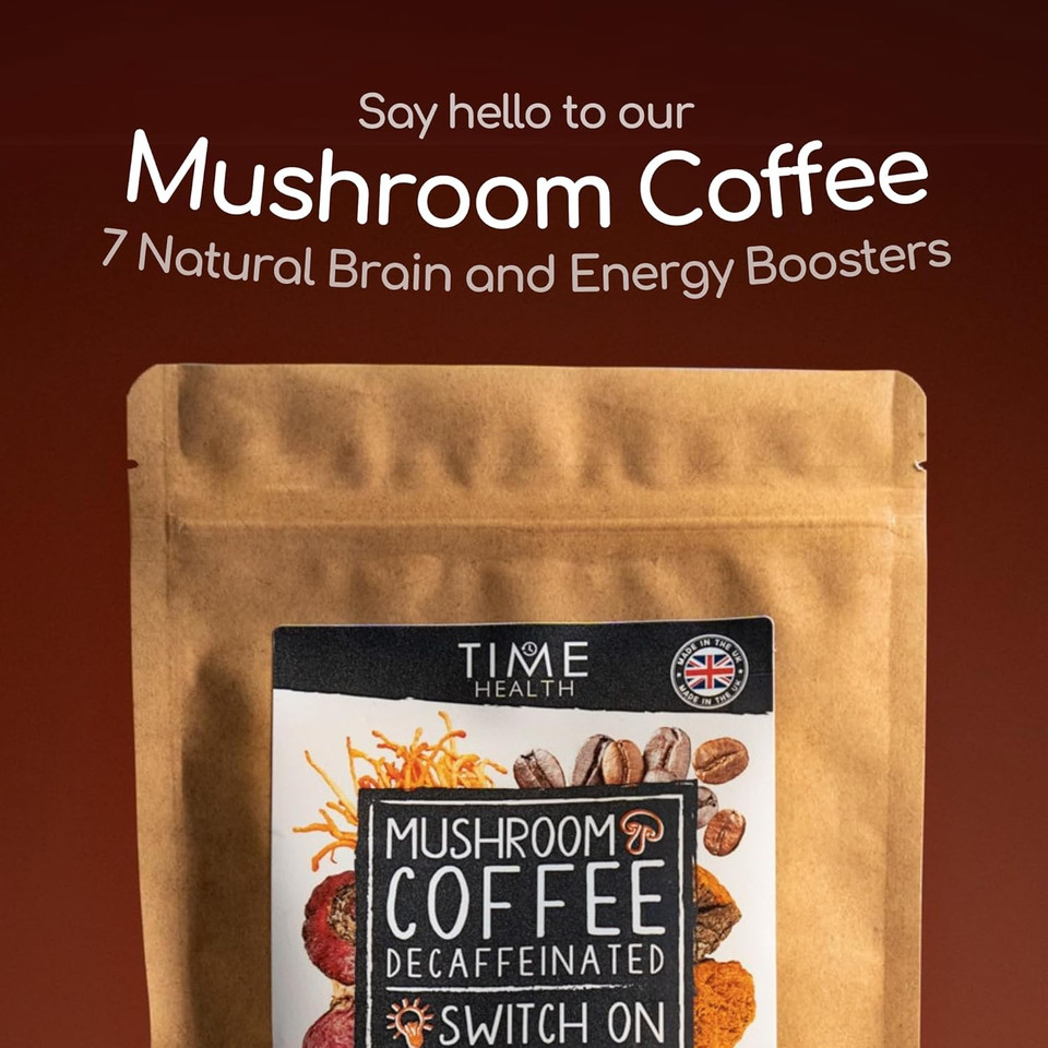 Decaf Mushroom Coffee Blend (Instant) - Arabica Coffee, Lion's Mane, Cordyceps, Chaga, Red Maca, Theanine, Bacopa & Resveratrol - Natural Energy & Focus - UK Made - 5% Micro Ground