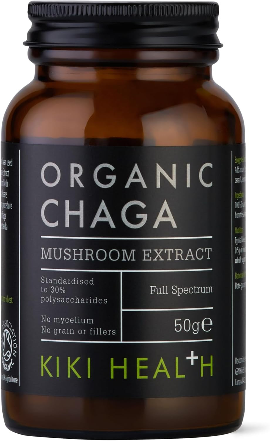 KIKI Health Organic Chaga Extract Mushroom Powder | Standardised to 30% Beta-Glucan-Rich Polysaccharides | Digestion, Energy, & Immune Support | Non-GMO, Vegan - 50g