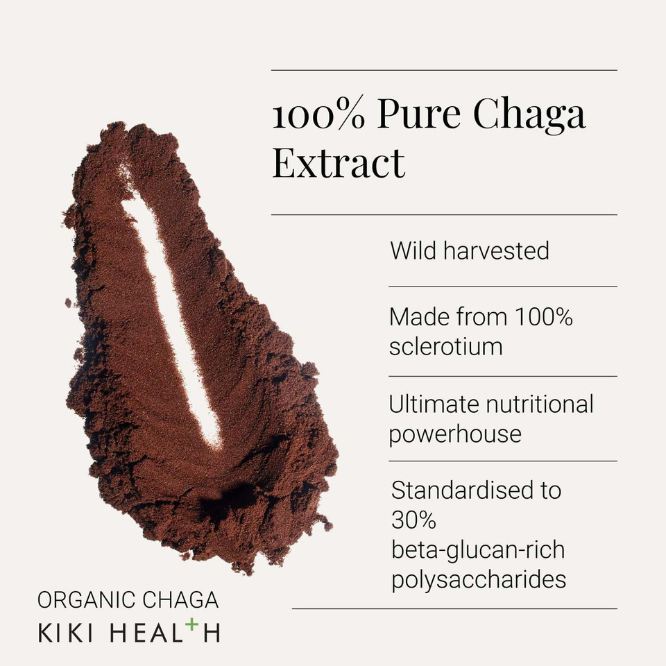 KIKI Health Organic Chaga Extract Mushroom Powder | Standardised to 30% Beta-Glucan-Rich Polysaccharides | Digestion, Energy, & Immune Support | Non-GMO, Vegan - 50g
