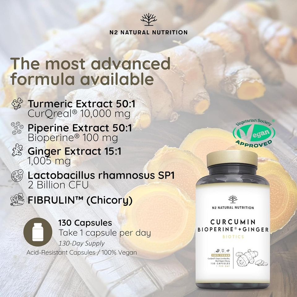 Turmeric 10.000 mg Curcumin 95% with Black Pepper Bioperine®, Probiotics 2 Billion UFC & Ginger, 130 Days of CurQreal®, Prebiotics, Anti-inflamatory, Antioxidant, N2 Natural Nutrition