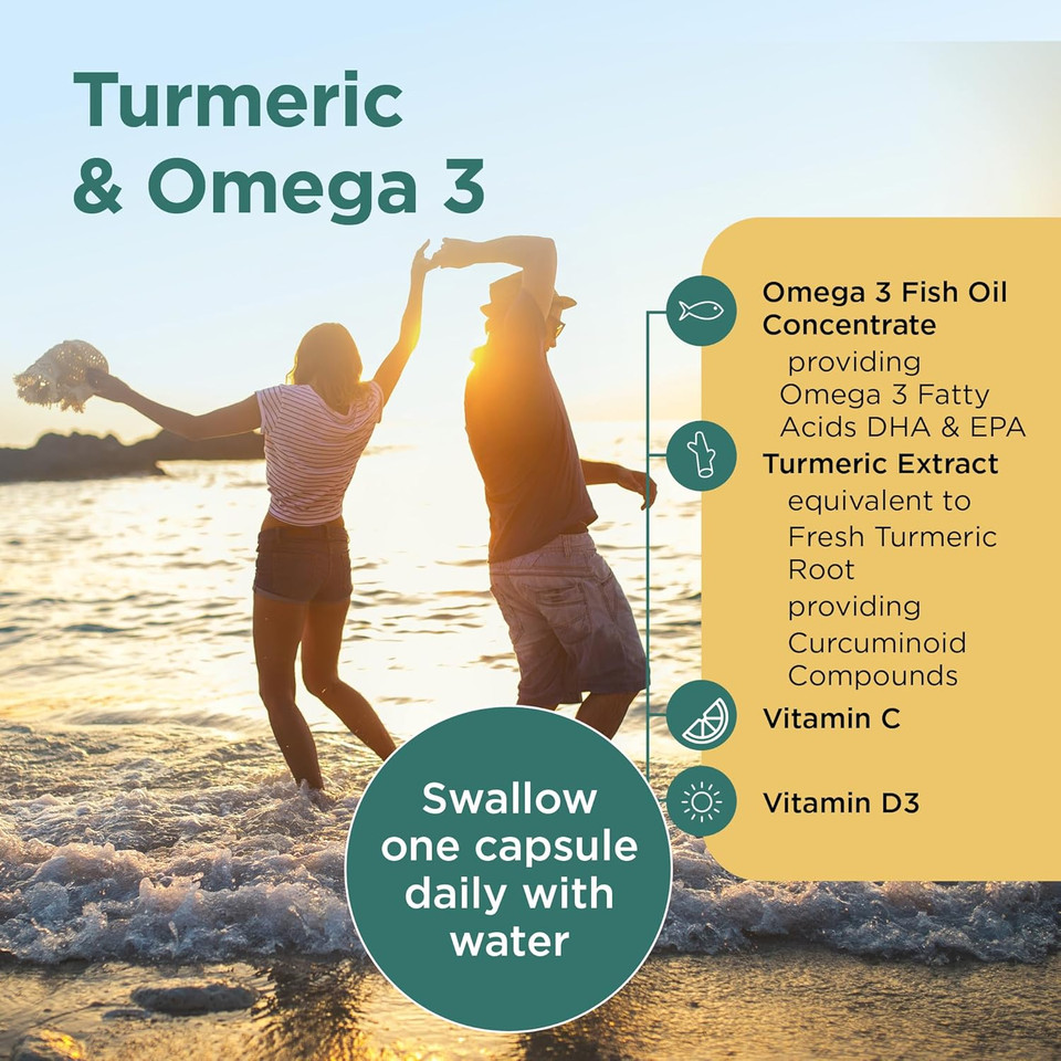 Healthspan Turmeric & Omega 3 | 60 Capsules | Added Vitamin C & Vitamin D3 | Heart, Joint & Bone Health | Sustainably Sourced