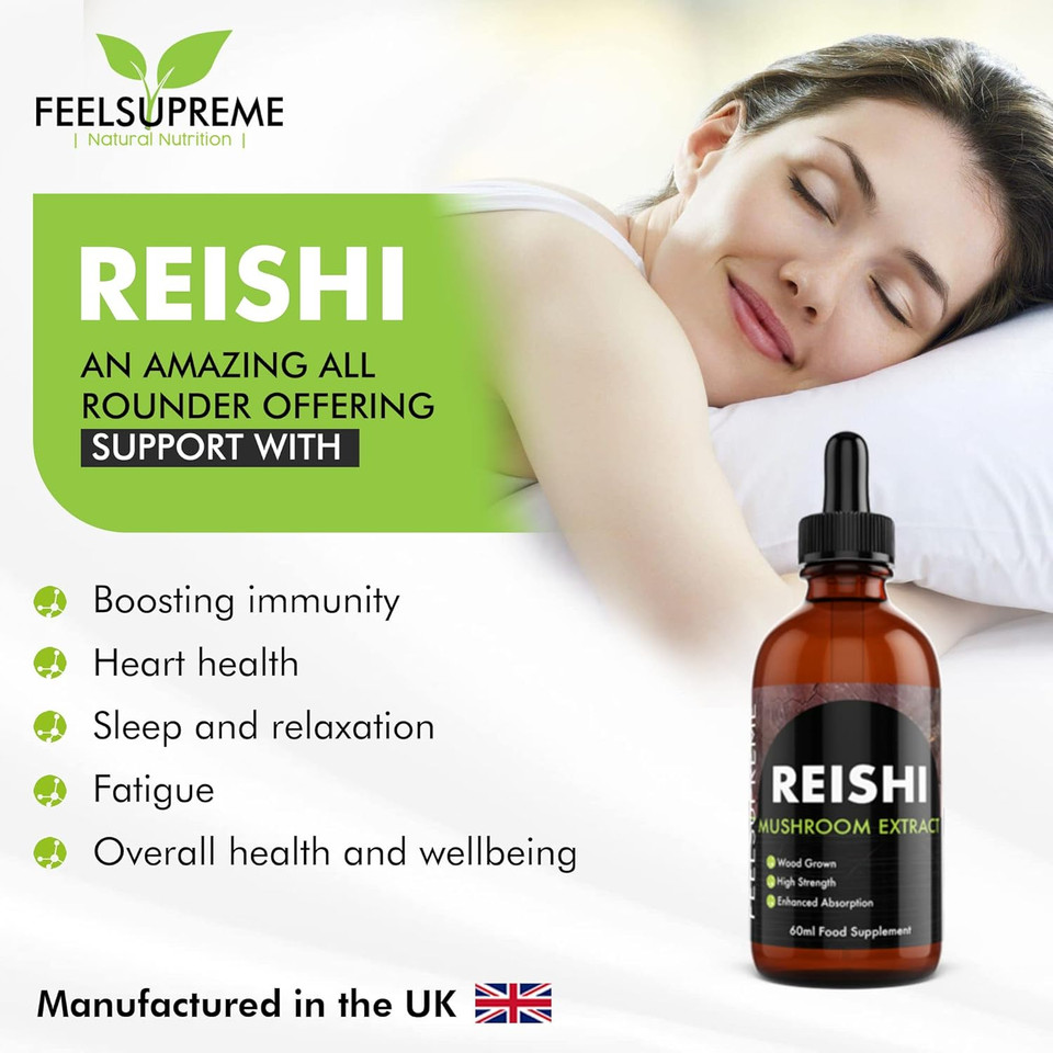 Feel Supreme - Reishi Mushroom Extract - High Strength Food Supplement - Dual Extracted Mushroom Supplement for Gut Health and Energy Levels - Immune System Booster, Sleep Supplement - 60ml