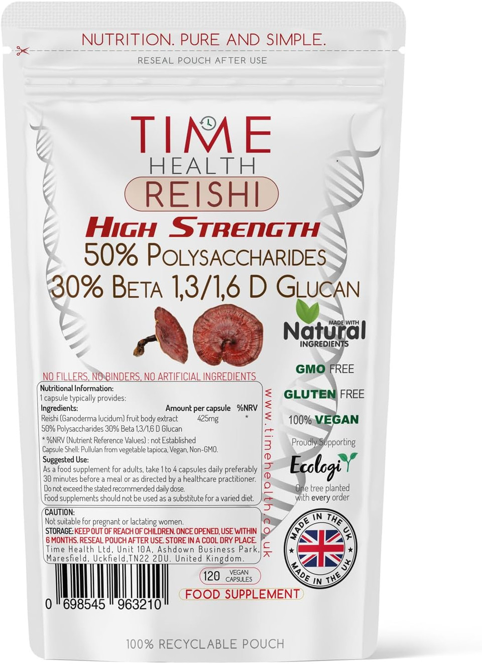 Reishi (Ganoderma lucidum) - High Strength 50% Polysaccharides / 30% Beta 1,3/1,6 D Glucan - Dual Extracted - UK Manufactured - Zero Additives - Pullulan (120 Capsule Pouch)