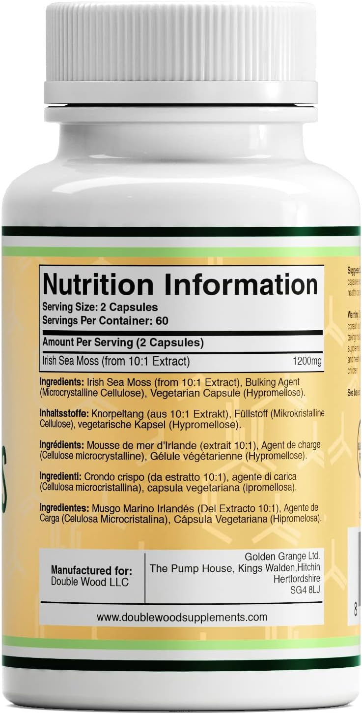 Double Wood Irish Sea Moss Capsules | 120 Sea Moss Supplements - High Strength 1200mg Sea Moss per Serving | Non-GMO & Gluten Free | Manufactured in The UK