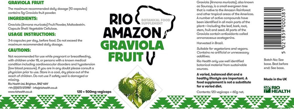 Rio Amazon 500 mg Graviola Fruit Extract - Pack of 120 Capsules
