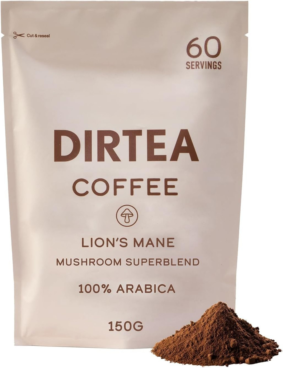 DIRTEA Mushroom Coffee with Organic Lion's Mane, Vitamin B Complex, Maca & Ashwagandha - 100% Arabica Beans with B6, B12 & Folic Acid - 1,000mg per Serving - 150g - 60 Servings