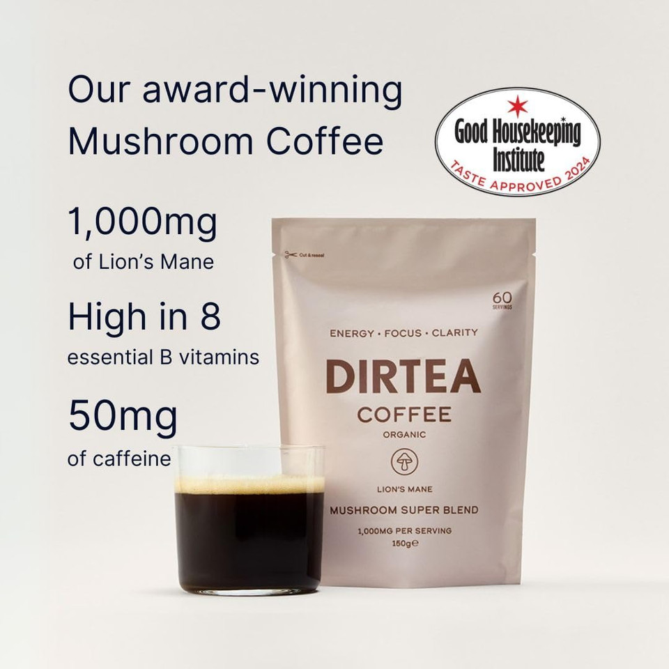 DIRTEA Mushroom Coffee with Organic Lion's Mane, Vitamin B Complex, Maca & Ashwagandha - 100% Arabica Beans with B6, B12 & Folic Acid - 1,000mg per Serving - 150g - 60 Servings