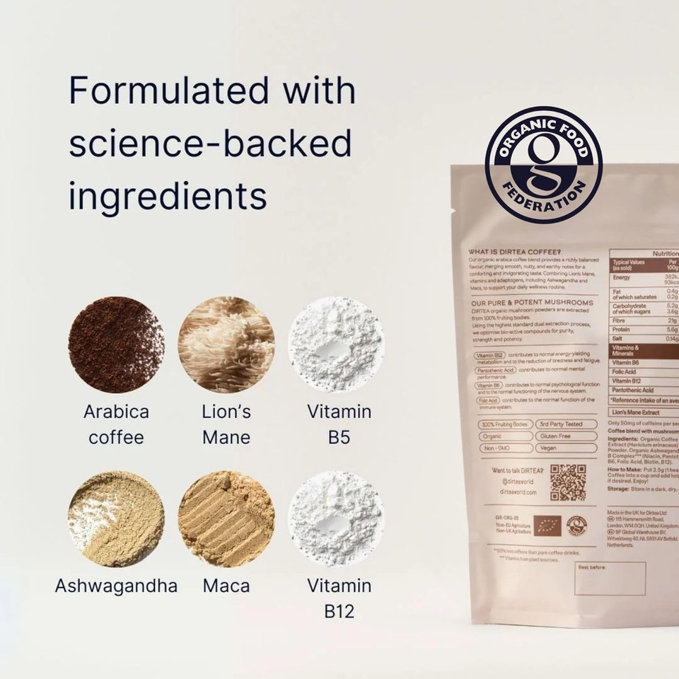 DIRTEA Mushroom Coffee with Organic Lion's Mane, Vitamin B Complex, Maca & Ashwagandha - 100% Arabica Beans with B6, B12 & Folic Acid - 1,000mg per Serving - 150g - 60 Servings