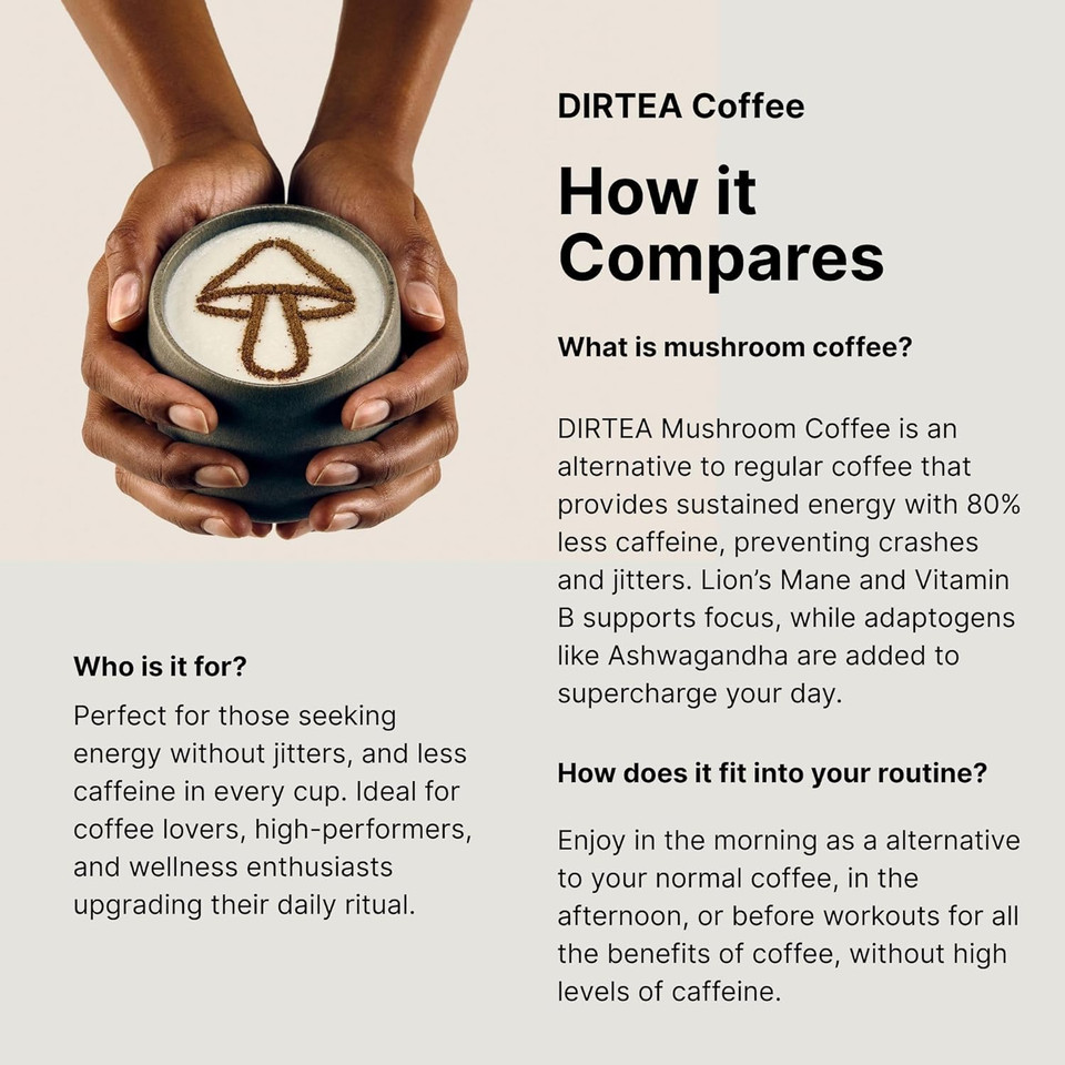 DIRTEA Mushroom Coffee with Organic Lion's Mane, Vitamin B Complex, Maca & Ashwagandha - 100% Arabica Beans with B6, B12 & Folic Acid - 1,000mg per Serving - 150g - 60 Servings