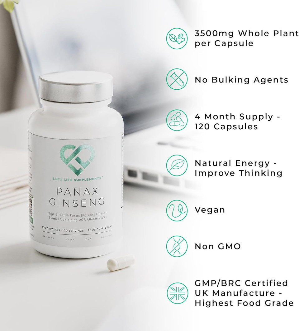 Panax (Korean) Ginseng 3500mg 20% Ginsenosides | 4 Month Supply - 120 High Strength Capsules with No Bulking Agents | for Improved Memory, Athletic Endurance, Stress Reduction | Love Life Supplements