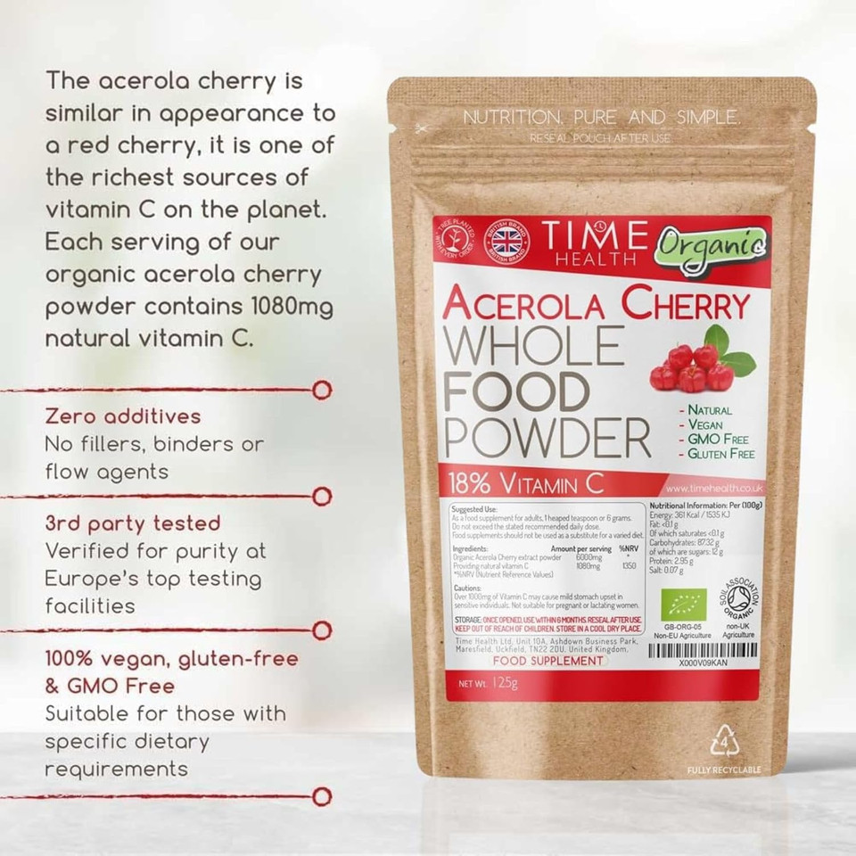 Organic Acerola Cherry Powder - Natural & Wholefood - 18% Vitamin C - Soil Association Approved - GMP Standards - UK Made - Zero Additives (250g Powder Pouch)