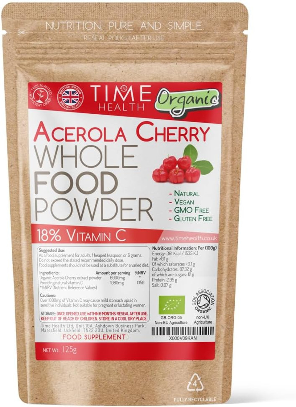 Organic Acerola Cherry Powder - Natural & Wholefood - 18% Vitamin C - Soil Association Approved - GMP Standards - UK Made - Zero Additives (250g Powder Pouch)