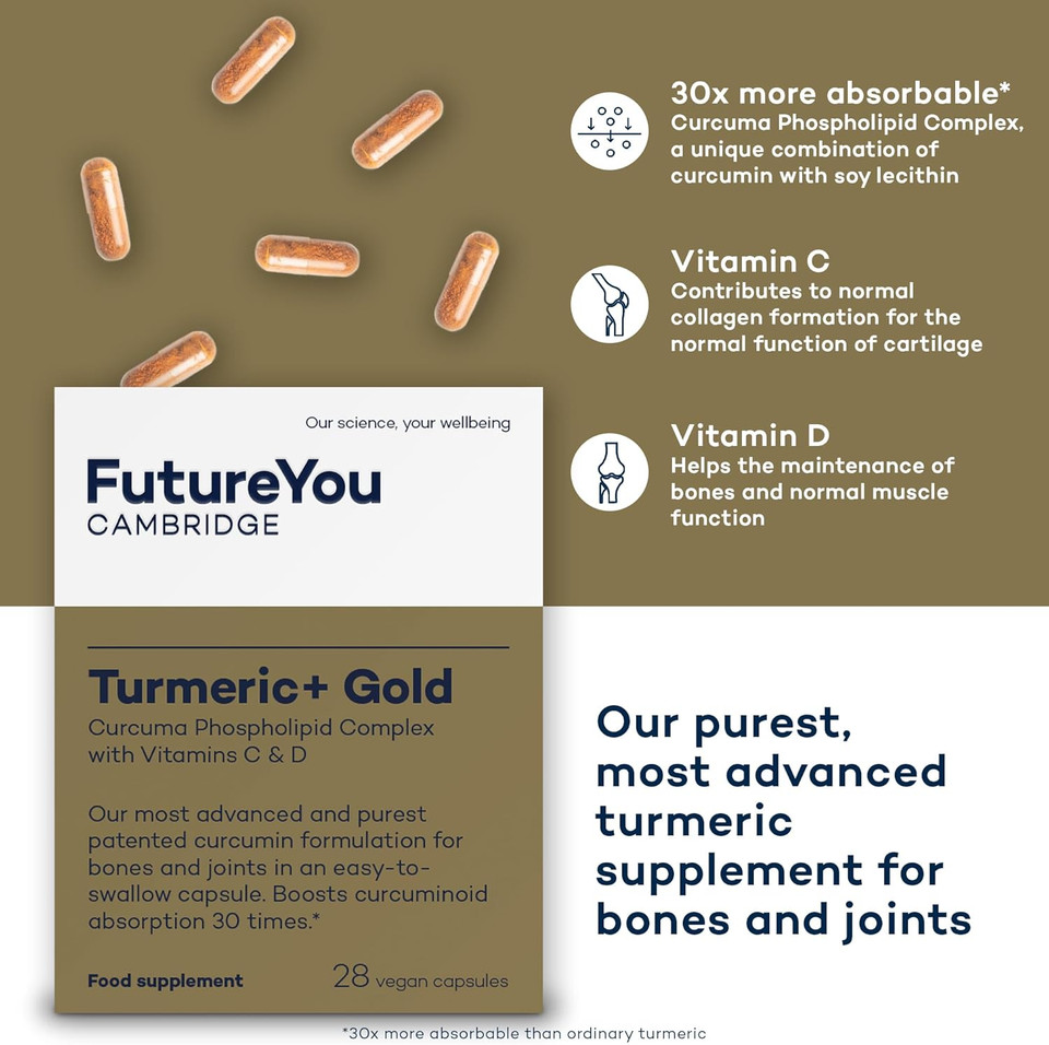 Turmeric+ Gold Supplement  28 Turmeric Capsules High Strength  Curcumin Capsule Patented Meriva Formulation with Vitamins C & D  Tablets for Bones, Joints & Muscles by FutureYou Cambridge