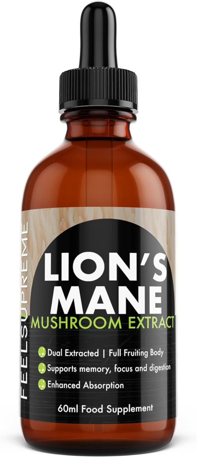 Feel Supreme - Lions Mane Supplement High Strength Mushroom Extract - Liquid Drops, 10:1 - Whole Fruiting Body - Brain Booster Supplements, Mushroom Supplement, Lions Mane Drops - 60ml