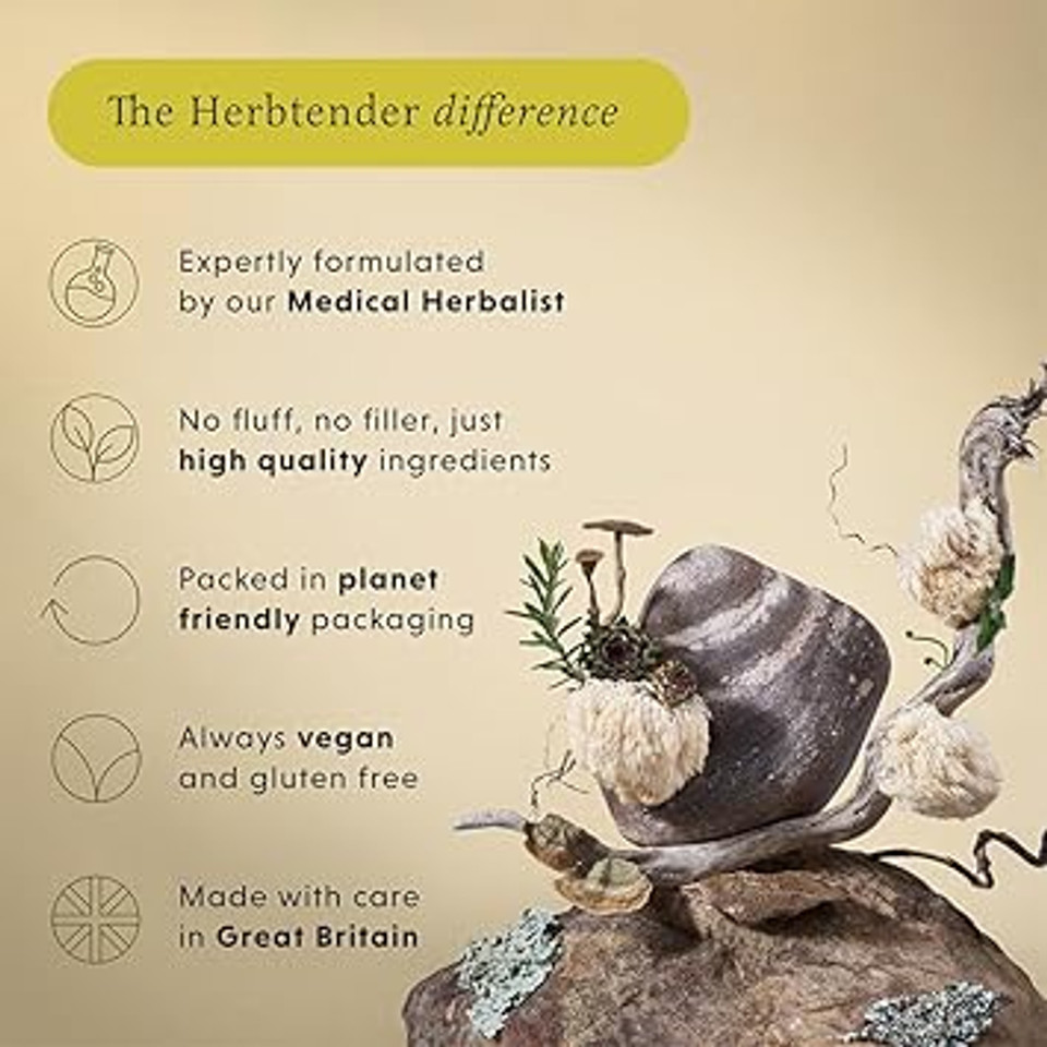 The Herbtender Daily Defence  Immune Support Supplement with Organic Reishi, Chaga, Cordyceps, Echinacea & Acerola Cherry Vitamin C, Vegan Adaptogen Blend for Respiratory Health, 60 Capsule Pouch