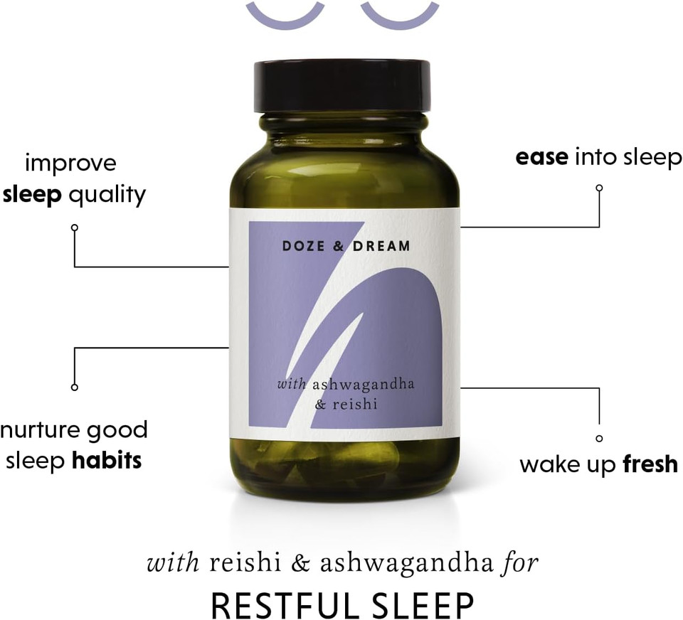 The Herbtender Doze & Dream  Natural Sleep Support Supplement with Reishi, Ashwagandha & Chamomile, Promotes Deep Rest & Relaxation, Vegan, Organic Ingredients, 60 Capsules
