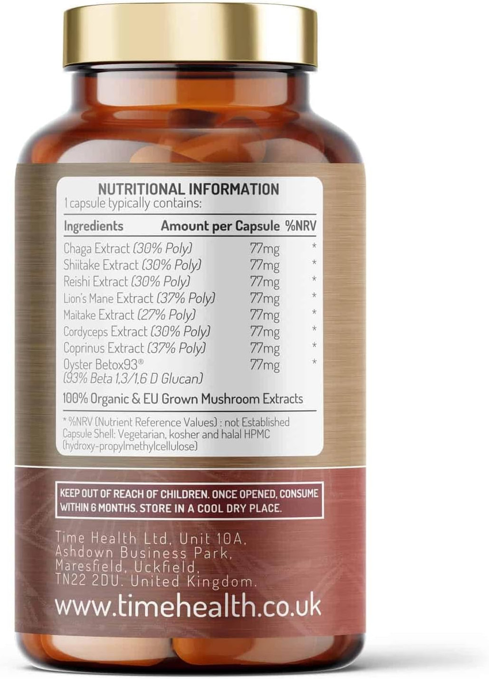 Mushroom Complex 8 | Organic | EU Grown | 616mg Capsules | Lions Mane, Cordyceps, Chaga, Shiitake, Reishi, Maitake, Coprinus & Oyster Betox93® | 40% Polysaccharides