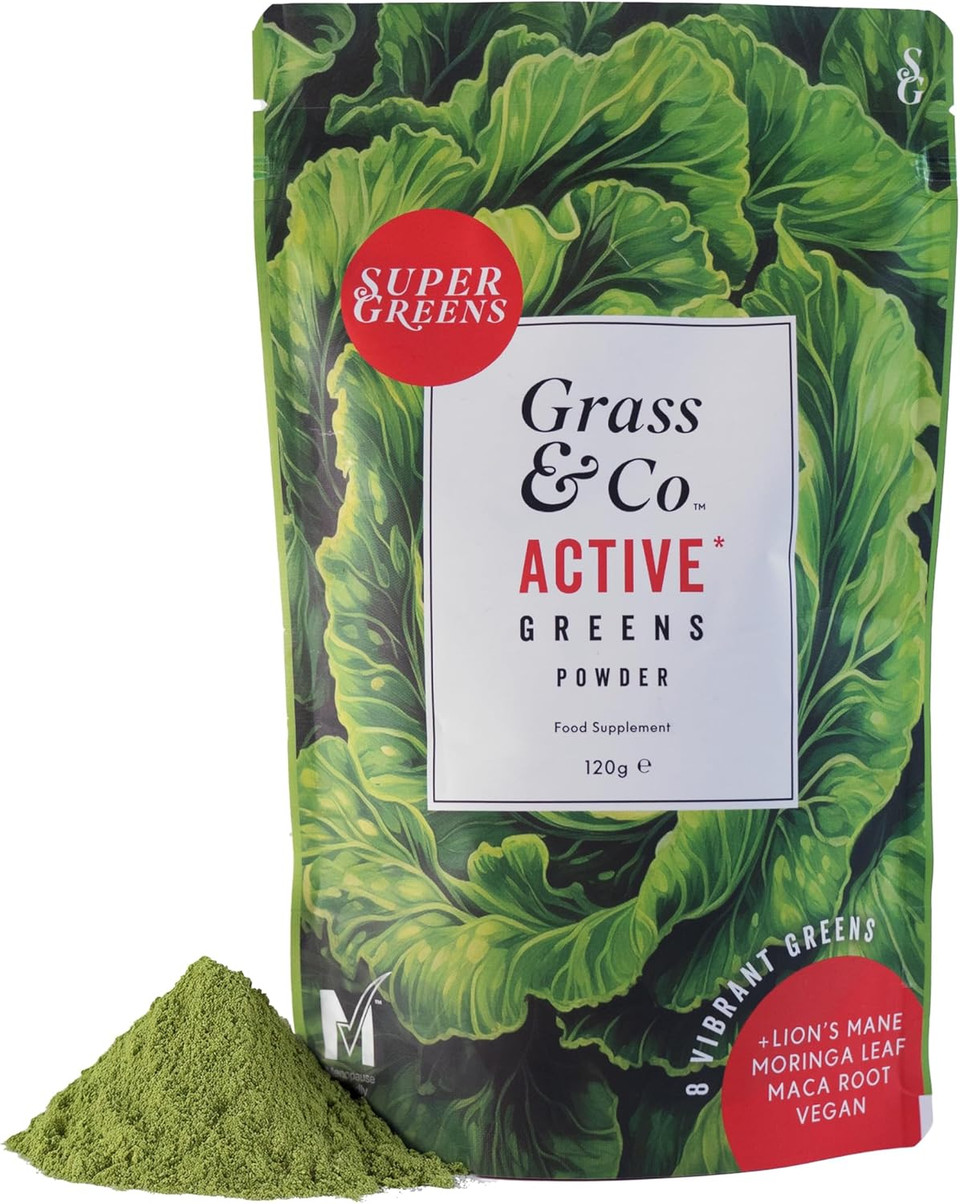 Grass & Co. Active Super Greens | Vegan Daily Greens Powder | 120g | Supports Energy, Digestion & Immunity | with Lions Mane, Moringa & Vitamins C, K2 & D3 | Apple & Ginger Flavour | 30 Day Supply