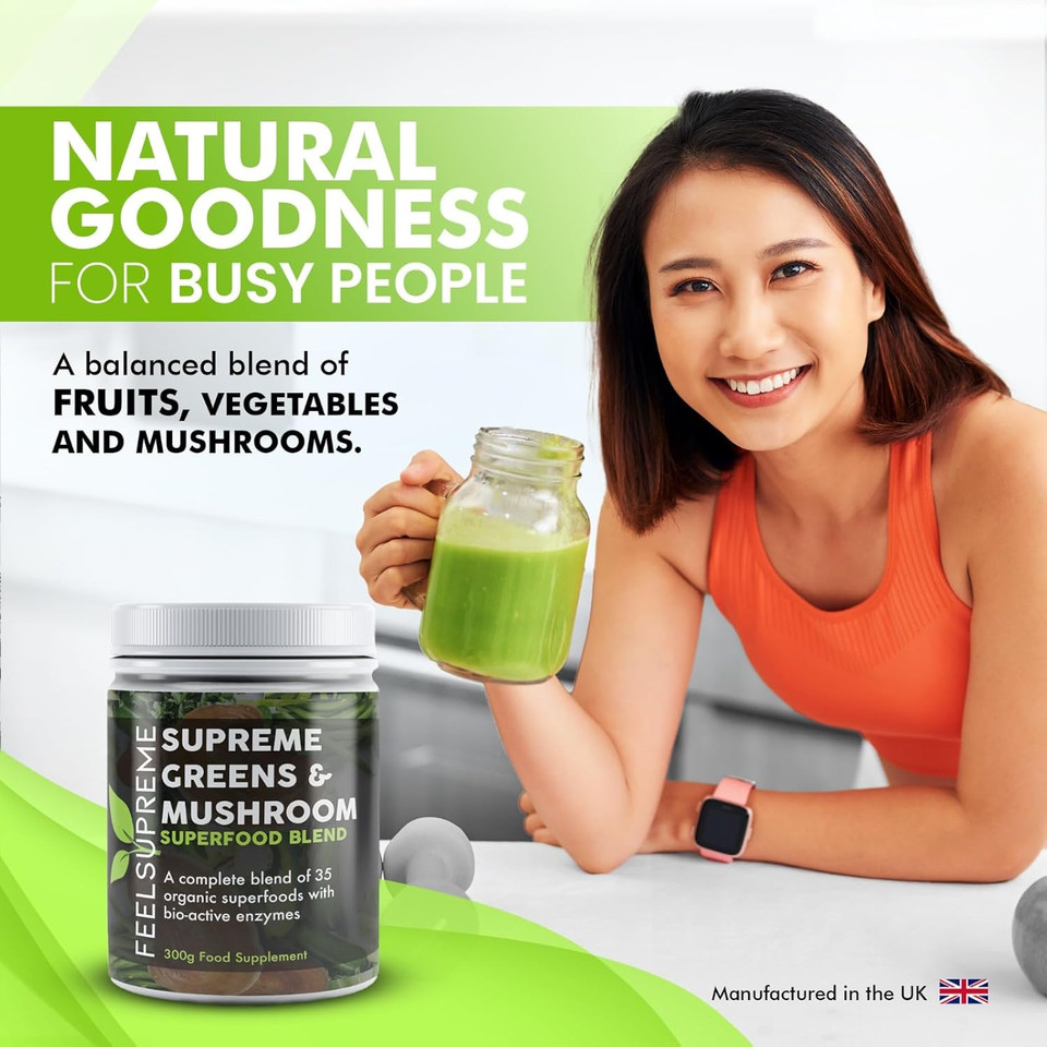 Feel Supreme - Super Greens Powder with Mushroom - 35 Nutrient Dense Superfoods, Natural, no Added Sugar - High in Fibre, Protein, Vitamin C, Spirulina - Greens Supplement, Mushroom Powder - 300g