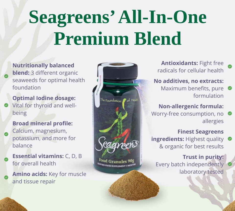 Seagreens Seaweed Food Supplement Granules, 90g, 3 Month Supply, Vegan & Additive-Free, Seaweed Supplement for Humans & Diet Support