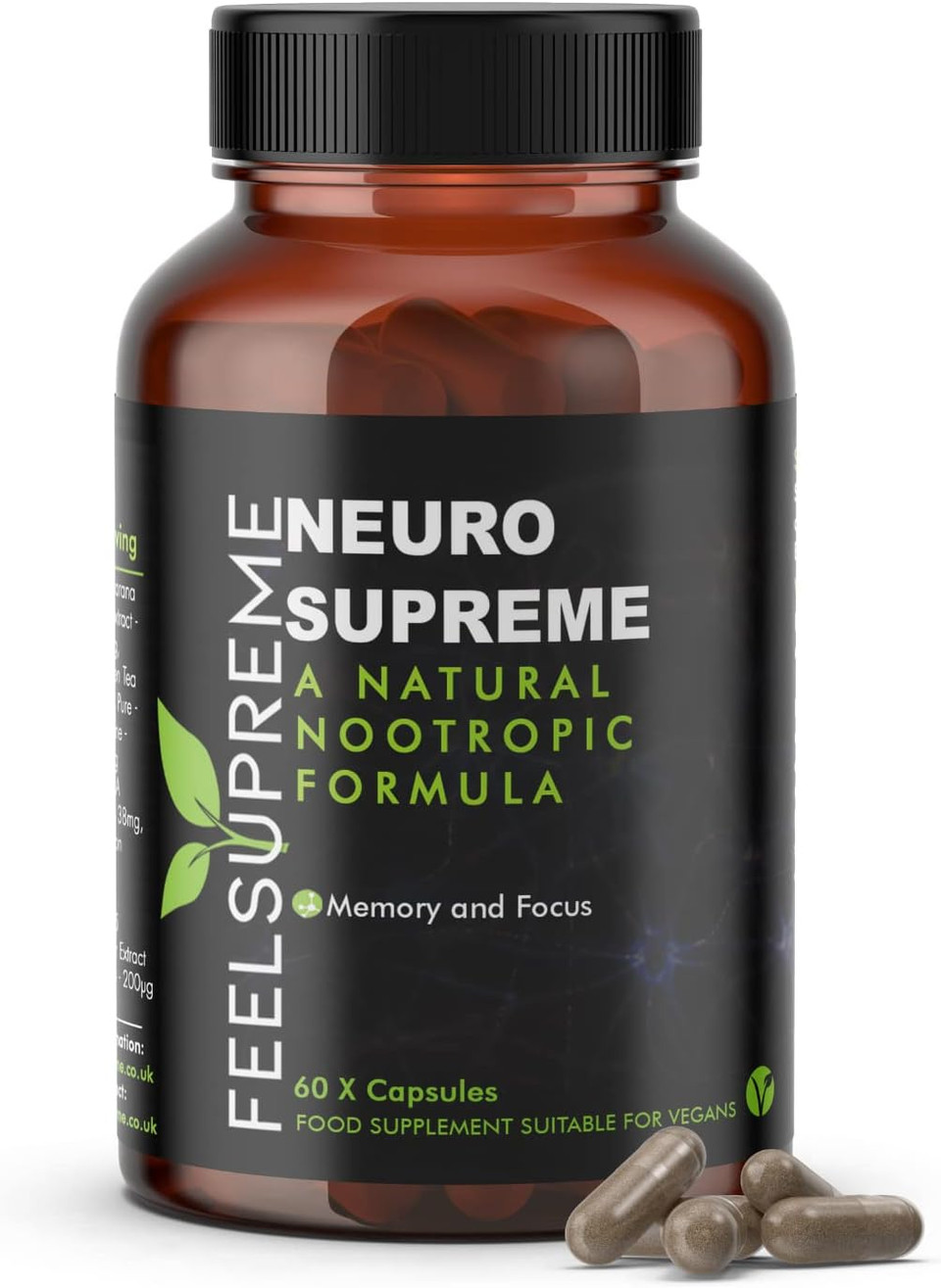Feel Supreme - Neuro Supreme - Nootropics Brain Supplements with Ashwagandha - Focus Supplement, Aids with Memory and Energy Boost - with Vitamin B12, Folic Acid, Vitamin B5 and More - 60 Capsules