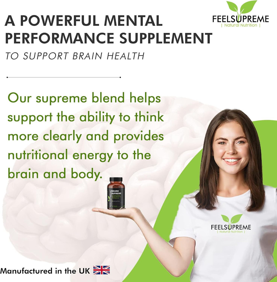 Feel Supreme - Neuro Supreme - Nootropics Brain Supplements with Ashwagandha - Focus Supplement, Aids with Memory and Energy Boost - with Vitamin B12, Folic Acid, Vitamin B5 and More - 60 Capsules
