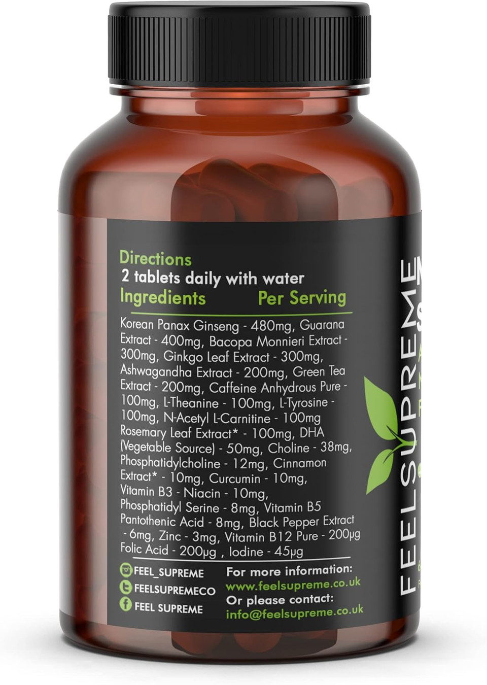 Feel Supreme - Neuro Supreme - Nootropics Brain Supplements with Ashwagandha - Focus Supplement, Aids with Memory and Energy Boost - with Vitamin B12, Folic Acid, Vitamin B5 and More - 60 Capsules