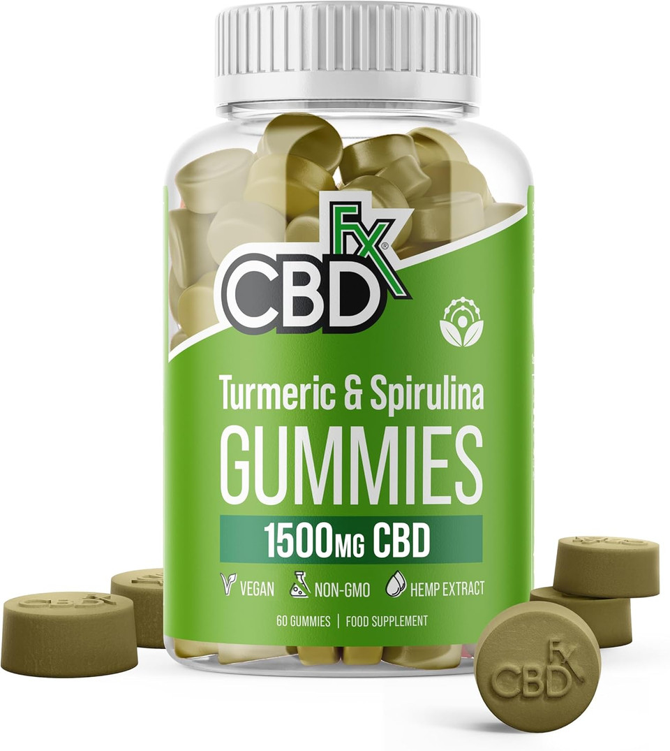 CBDfx 1500mg High Strength Turmeric Spirulina CBD Gummies 25mg Turmeric 10mg Spirulina 25mg CBD per Gummy 60x Bottle (30 Days)
