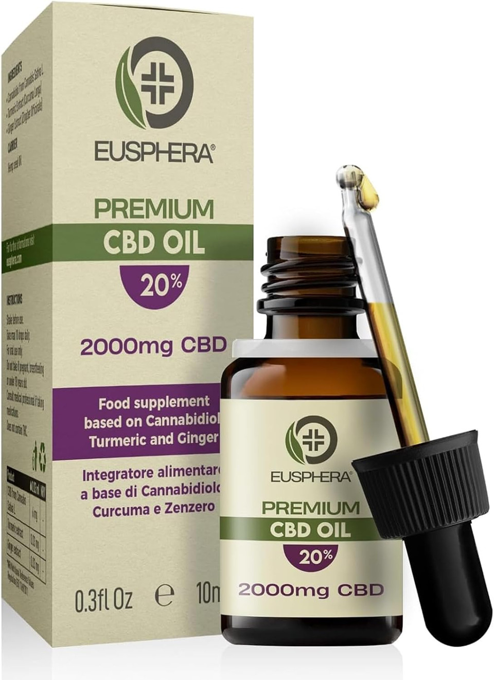 CBD Oil 20% with Turmeric & Ginger - 2000mg Cannabidiol Oil Drops Anti Inflammatory Joint & Muscle Relaxation - High Strength Natural Hemp Oil - Eusphera CBD Oil - 10ml
