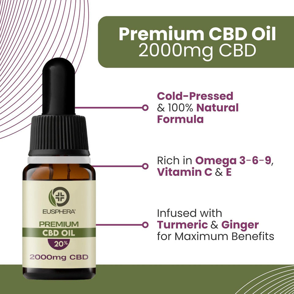 CBD Oil 20% with Turmeric & Ginger - 2000mg Cannabidiol Oil Drops Anti Inflammatory Joint & Muscle Relaxation - High Strength Natural Hemp Oil - Eusphera CBD Oil - 10ml