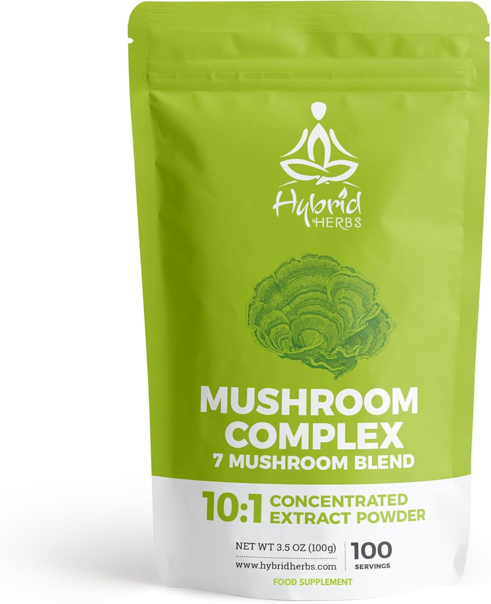 HYBRID HERBS  Mushroom Complex Powder 100g  10X Strength Lions Mane Reishi Cordyceps Chaga Tremella Shitake Maitake  7 High Potency Mushrooms Supplement for Brain, Energy, Immunity | 100 Servings