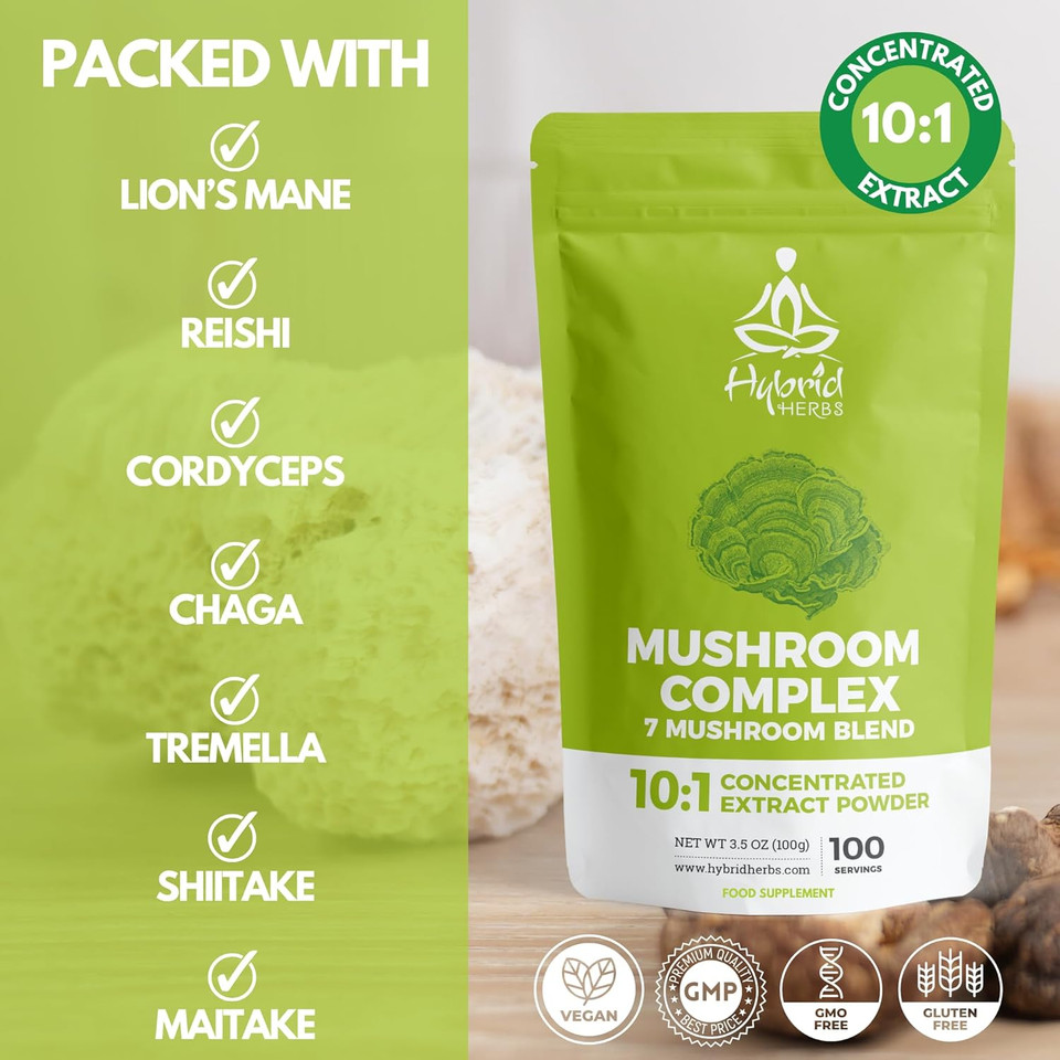 HYBRID HERBS  Mushroom Complex Powder 100g  10X Strength Lions Mane Reishi Cordyceps Chaga Tremella Shitake Maitake  7 High Potency Mushrooms Supplement for Brain, Energy, Immunity | 100 Servings