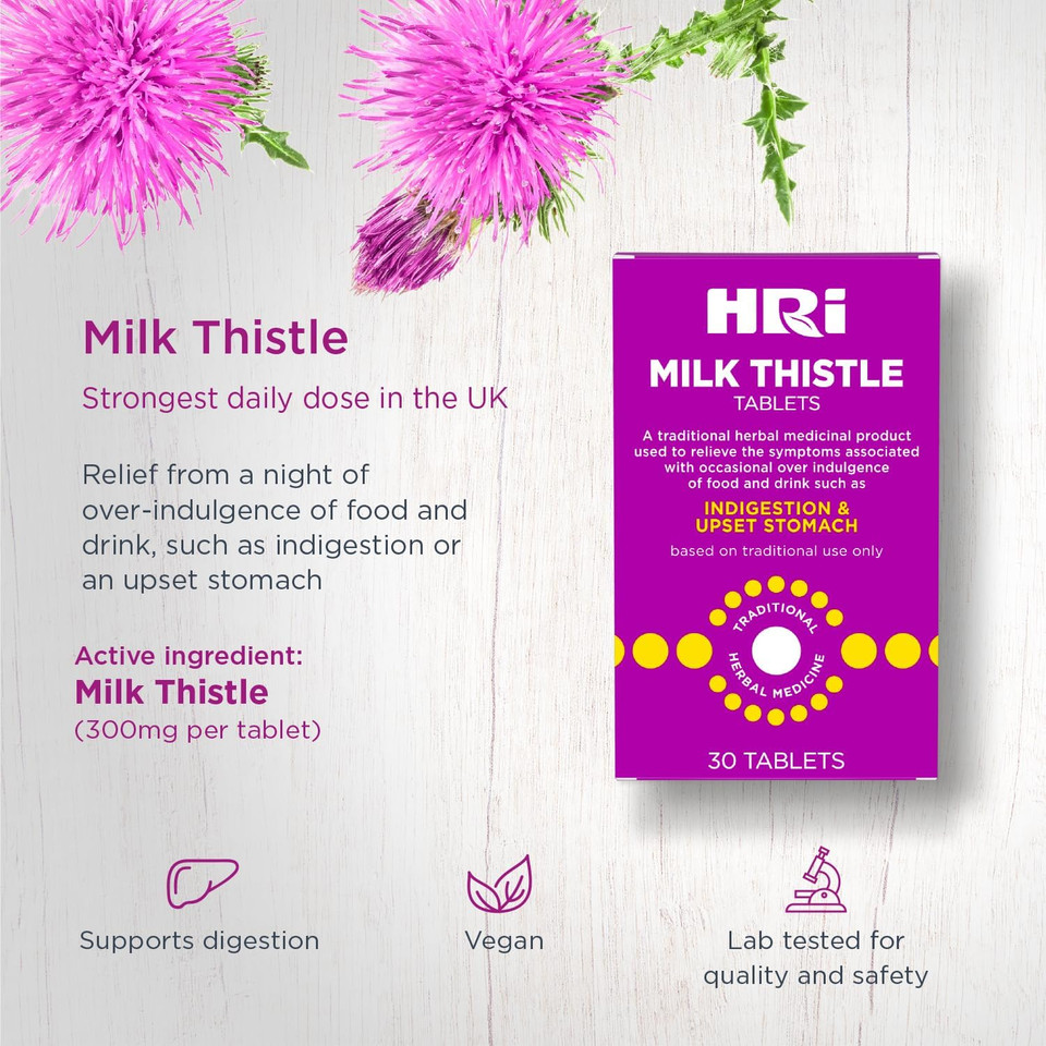 HRI Milk Thistle 30 Tablets - to Relieve Symptoms Associated with Over Indulgence of Food and Drink Such As Indigestion and Upset Stomach. 300 mg of Milk Thistle Extract. 6 Packs HRI Milk Thistle 30 Tablets - to Relieve Symptoms Associated with Over Indulgence of Food and Drink Such As Indigestion and Upset Stomach. 300 mg of Milk Thistle Extract. 6 Packs