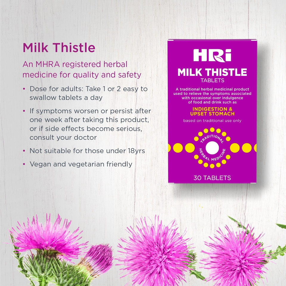HRI Milk Thistle 30 Tablets - to Relieve Symptoms Associated with Over Indulgence of Food and Drink Such As Indigestion and Upset Stomach. 300 mg of Milk Thistle Extract. 6 Packs HRI Milk Thistle 30 Tablets - to Relieve Symptoms Associated with Over Indulgence of Food and Drink Such As Indigestion and Upset Stomach. 300 mg of Milk Thistle Extract. 6 Packs