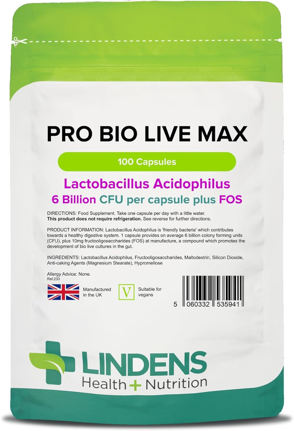 Lindens - Pro Bio Live Max 6 Billion CFU Capsules - 100 Pack - UK Made - Contributes to a Healthy Gut and Supports Digestion - Probiotic Vegetarian Capsules - Letterbox Friendly, Vegan