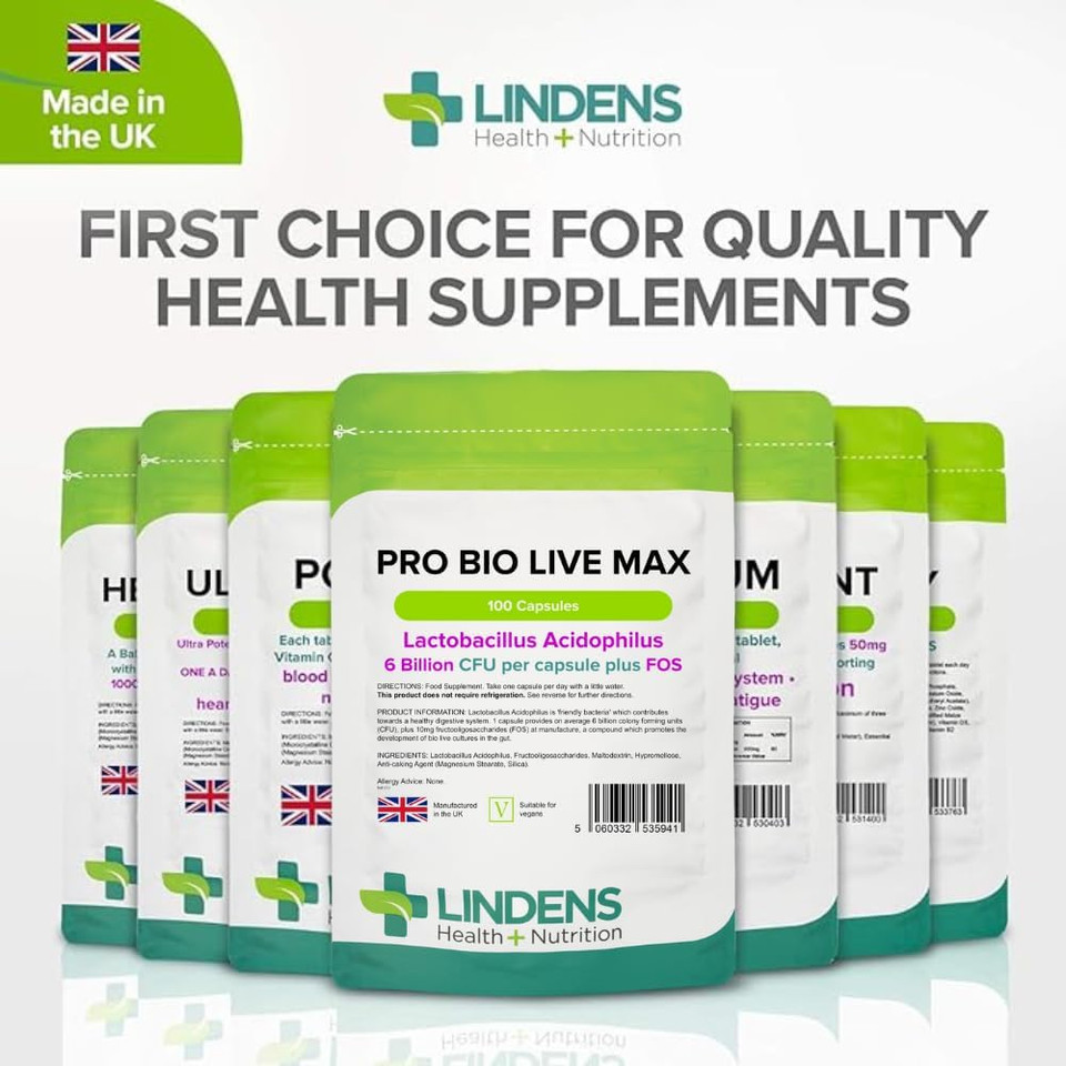 Lindens - Pro Bio Live Max 6 Billion CFU Capsules - 100 Pack - UK Made - Contributes to a Healthy Gut and Supports Digestion - Probiotic Vegetarian Capsules - Letterbox Friendly, Vegan