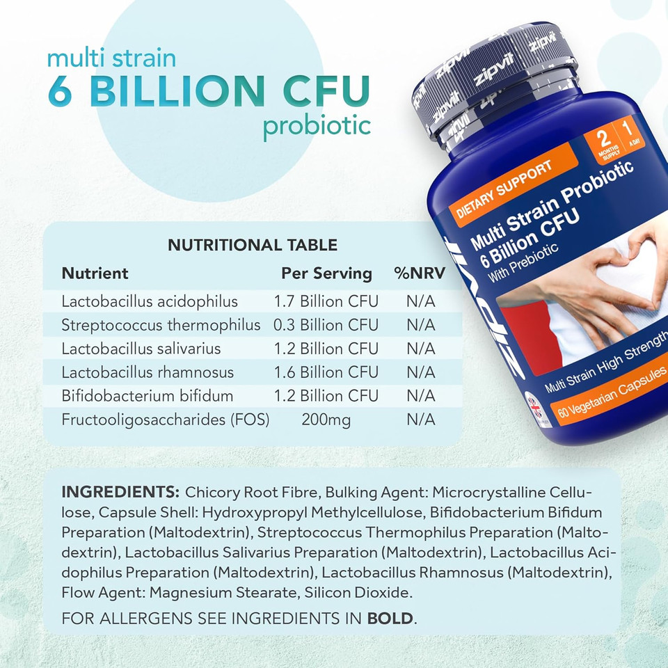 Zipvit Probiotic 6 Billion CFU with Prebiotic Pouch, Multi Strain Probiotics for Gut Health, 5 Strains Including Lactobacillus Acidophilus, 60 Vegetarian Capsules for Women & Men, 2 Month Supply