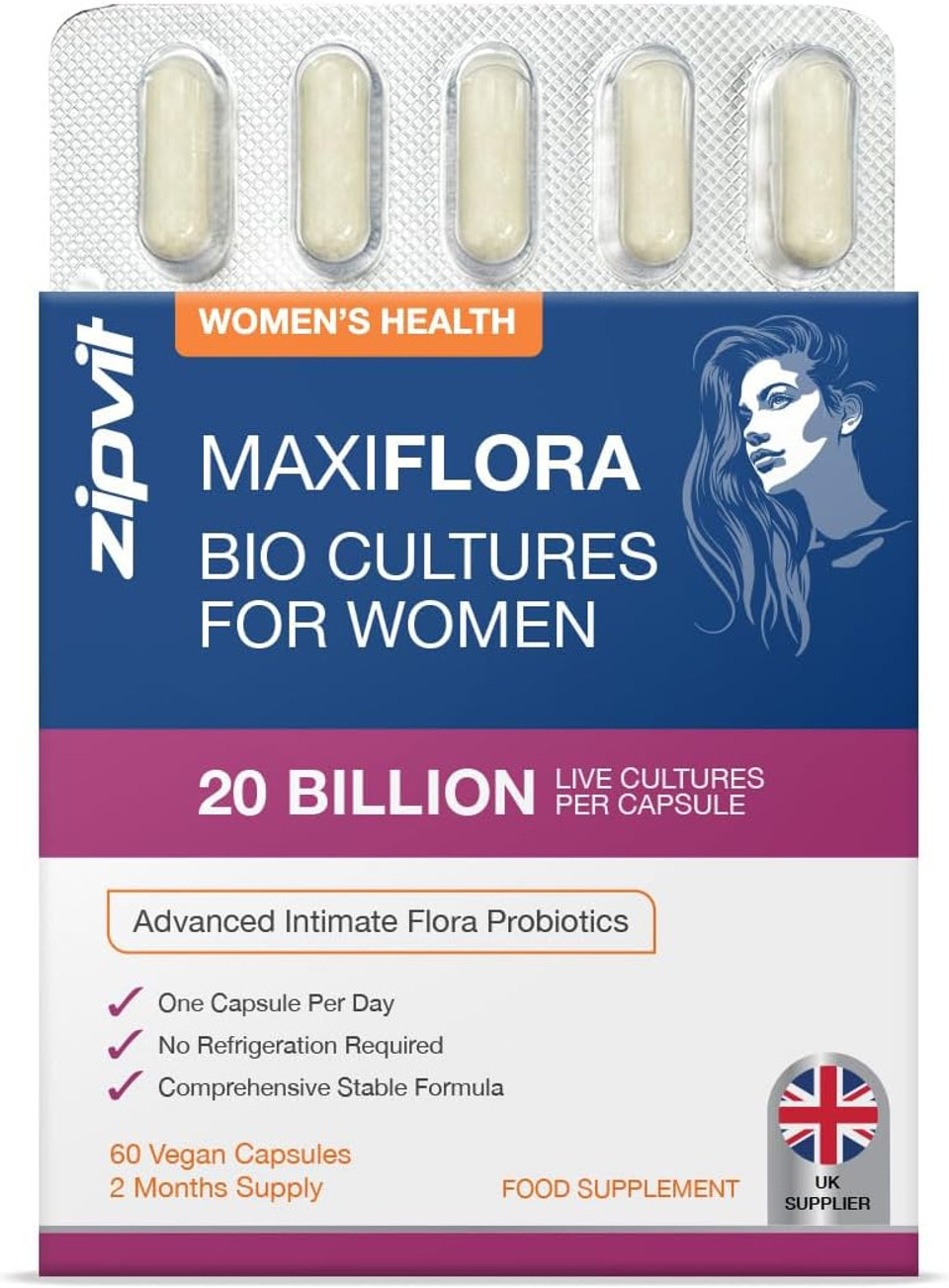 Zipvit MaxiFlora Womens Probiotics 20 Billion CFU, Intimate Probiotics with 3 Bio Cultures, 60 Vegan Capsules, 2 Months Supply, Shelf Stable and Travel Friendly