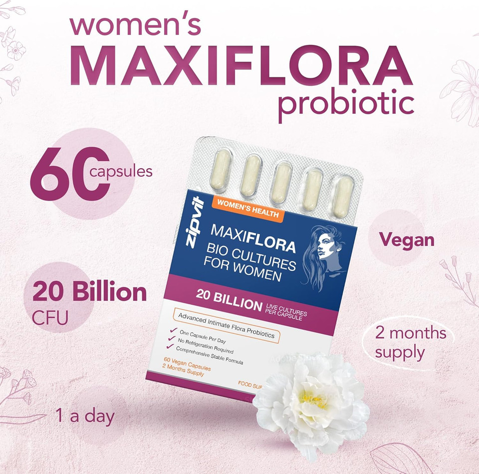 Zipvit MaxiFlora Womens Probiotics 20 Billion CFU, Intimate Probiotics with 3 Bio Cultures, 60 Vegan Capsules, 2 Months Supply, Shelf Stable and Travel Friendly