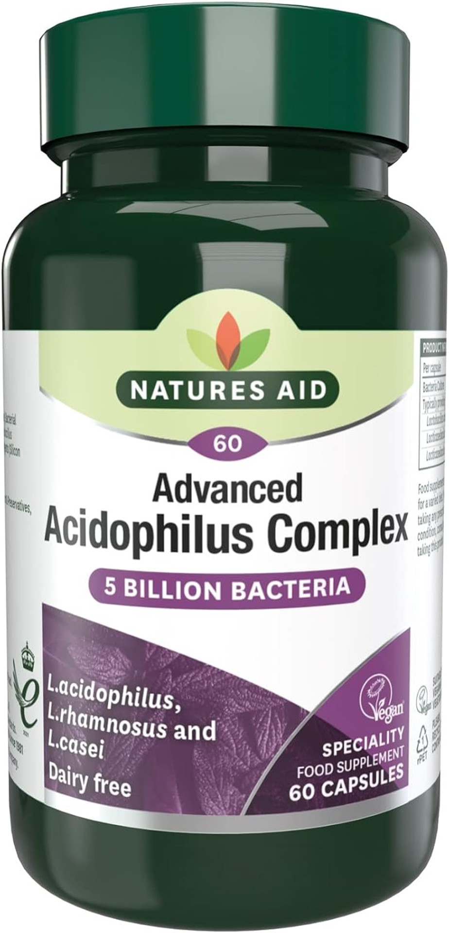 Natures Aid Acidophilus Complex 5 Billion CFU  High Strength Probiotic Supplement 5 Billion Live Bacteria  Supports Digestive Health & Gut Flora  Vegan, Gluten Free, Non-GMO  60 Capsules