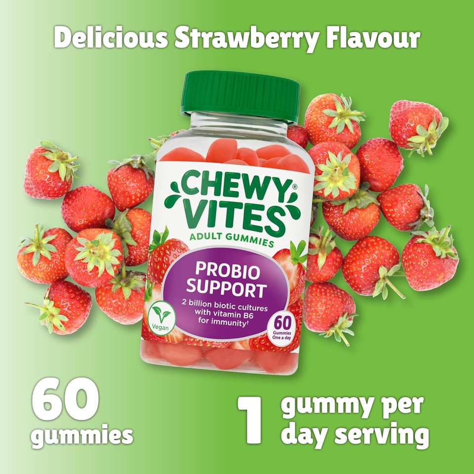 Chewy Vites Adult Probio Support, 60 Probiotics Gummies, 2 Billion Biotic Cultures, Vitamins B3, B5 and B6 for Immunity, 2 Months Supply, Vegan, Real Fruit Juice, Red Berries Flavour