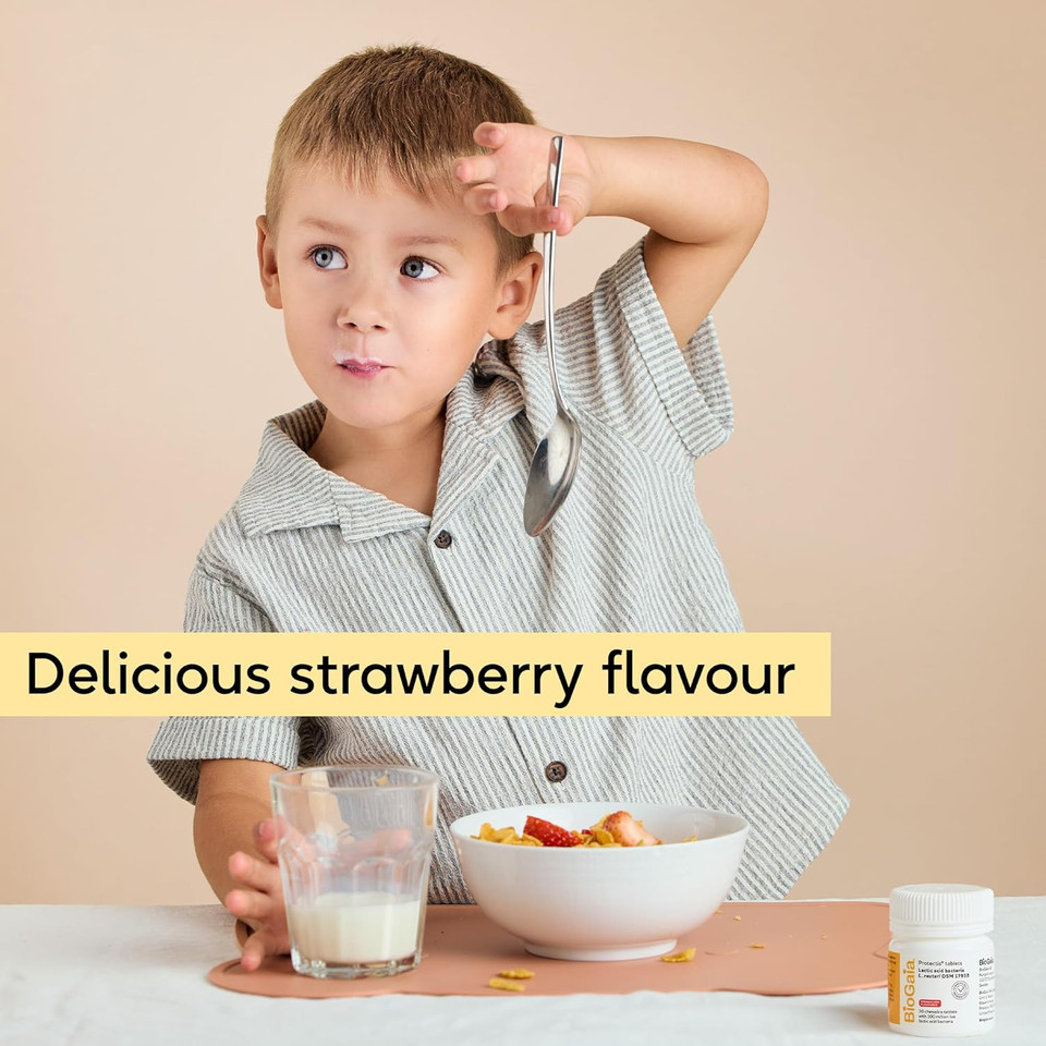 BioGaia Protectis Kids Tablets | 30 Chewable Probiotic Supplements with 100 Million Live L. Reuteri | Gut Health and Comfort | Digestive System Support for Children - Strawberry Flavour